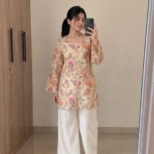 AriseHer Women Cotton Printed Straight Kurti ( Beige )